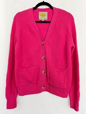 Kerri Rosenthal Cashmere Neon Pink Elbow Patch Sweater Cardigan, XS